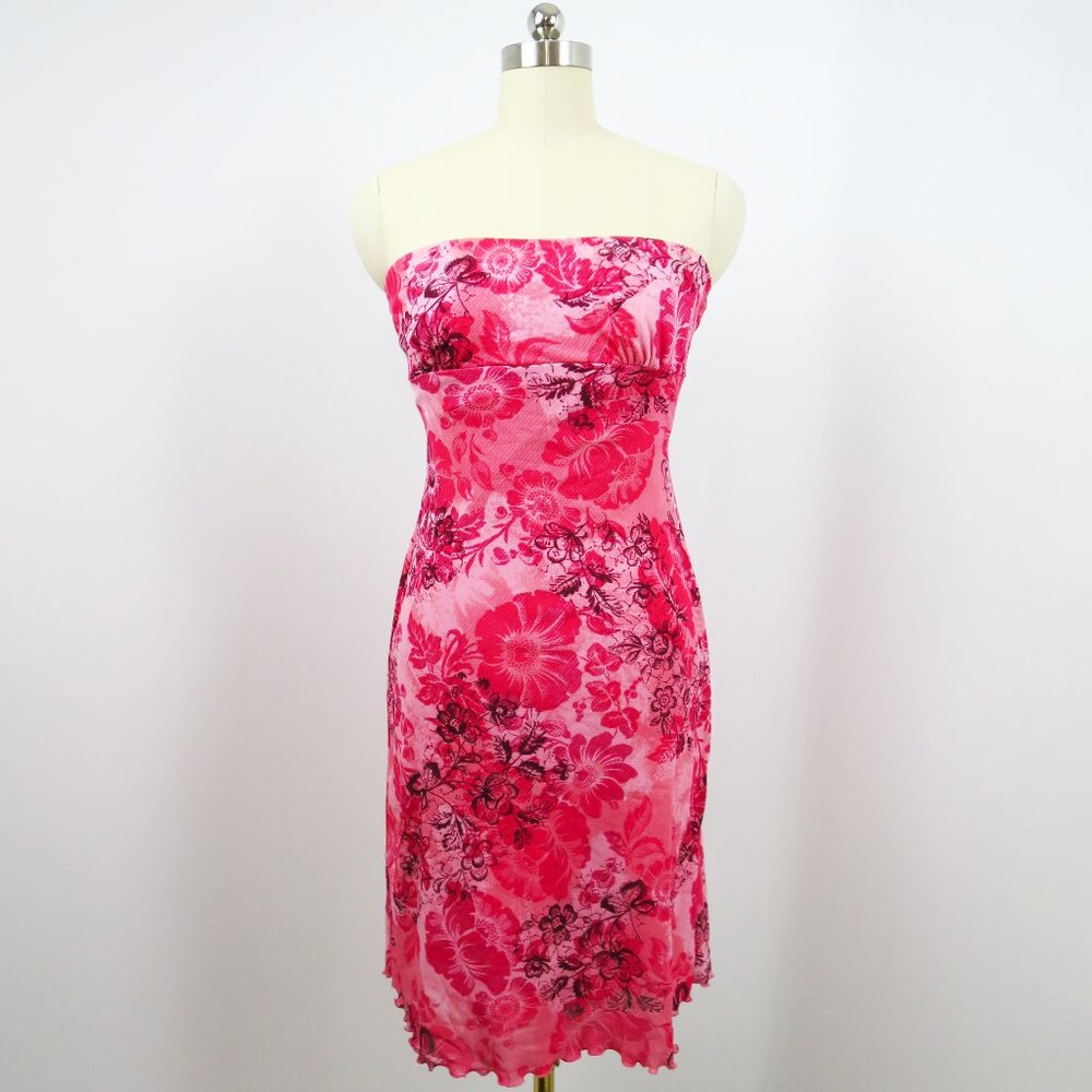 Zinc Strapless Pink Floral Print Dress Tulle Corset Back Flutter Hem M